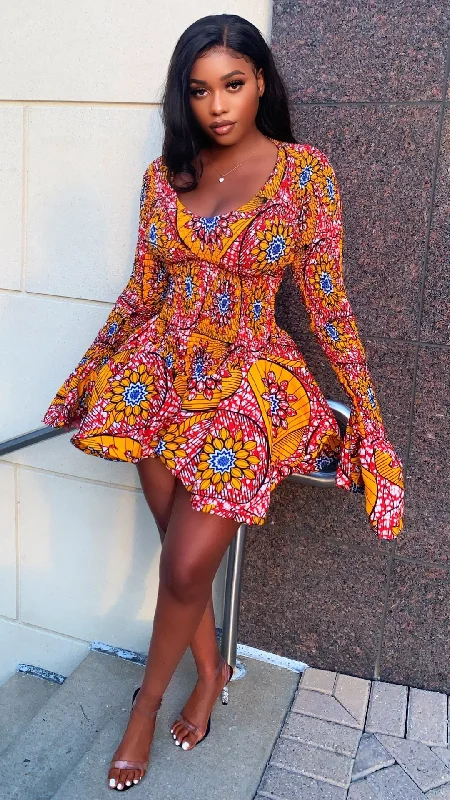 YaaYaa African Print Mini Dress (Red) Cozy Long Sleeve Mini Dress