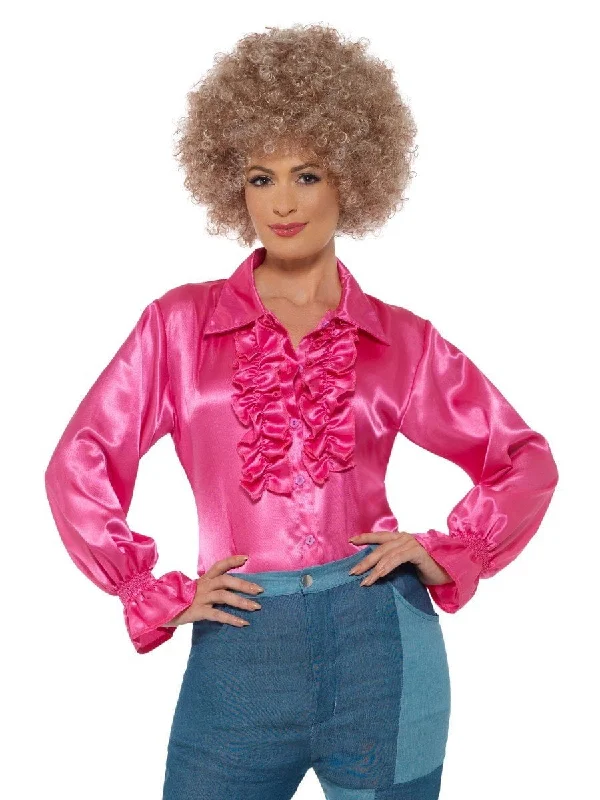 Disco 70s Pink Satin Ruffle Women's Blouse Sheer Mesh Blouse