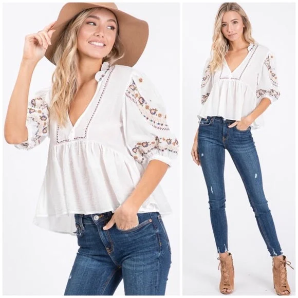 Boho Vintage Embroidered White Peasant Blouse Casual Womens Peter Pan Collar Blouse