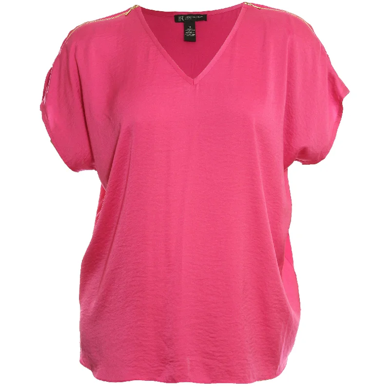 INC Pink Short Sleeve Zipper Detail Blouse Sheer Sleeve Blouse