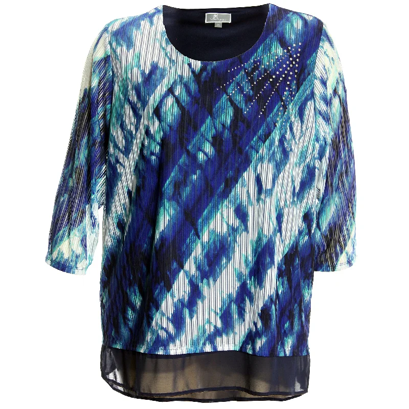 JM Collection Multi Color Abstract Print 3/4 Sleeve Chiffon Hem Studded Blouse Subtle Shimmer Blouse JM Collection Multi Color Abstract Print 3/4 Sleeve Chiffon Hem Studded Blouse Subtle Shimmer Blouse
