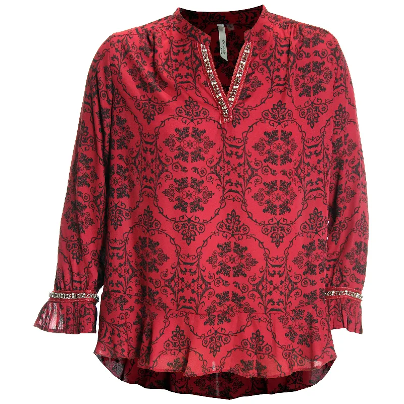 NY Collection Red & Black Print Long Sleeve Embellished Blouse Plus Size Silky Tunic Blouse NY Collection Red & Black Print Long Sleeve Embellished Blouse Plus Size Silky Tunic Blouse