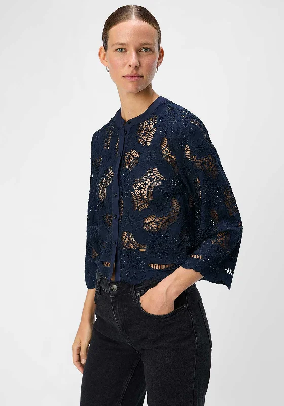 Object Erika Embellished Crochet Blouse, Navy Chic Sleeveless Blouse