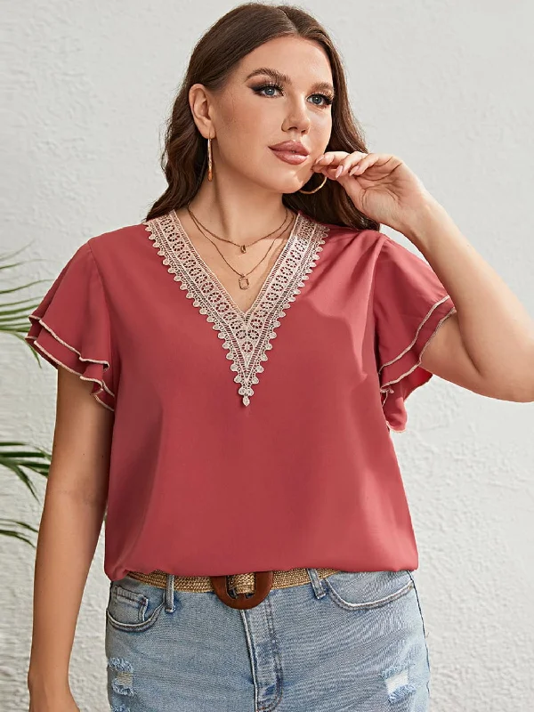 Plus Size Contrast V-Neck Layered Flutter Sleeve Blouse Satin Long Blouse