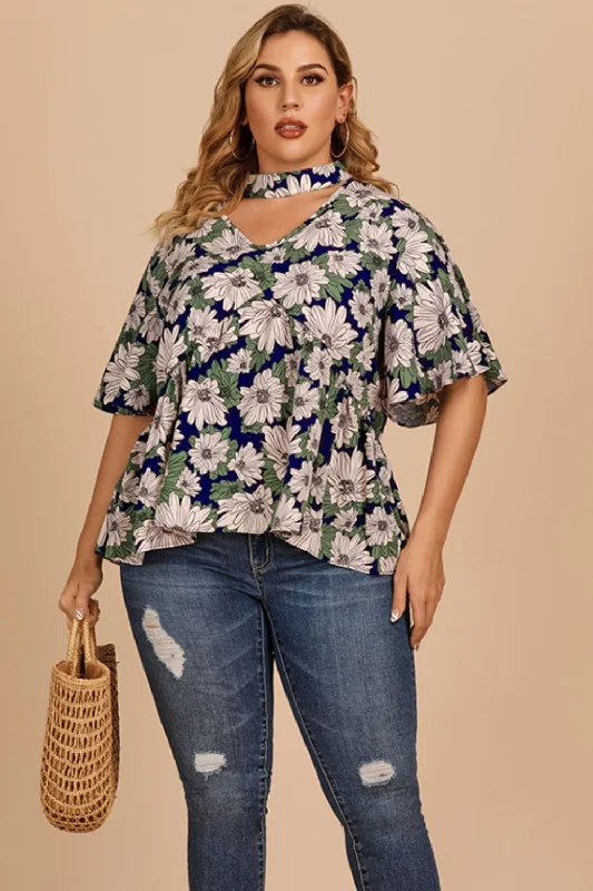 Plus Size Floral Flutter Sleeve Cutout Blouse Backless Summer Blouse