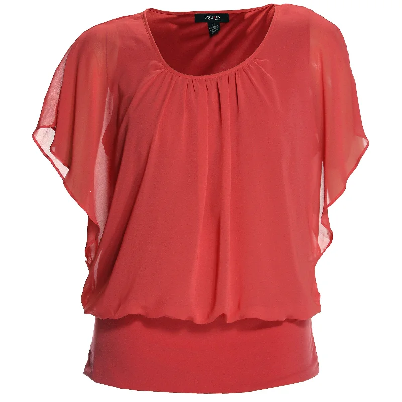 Style & Co Pink Flutter Sleeve Banded Chiffon Blouse Playful Puff Blouse