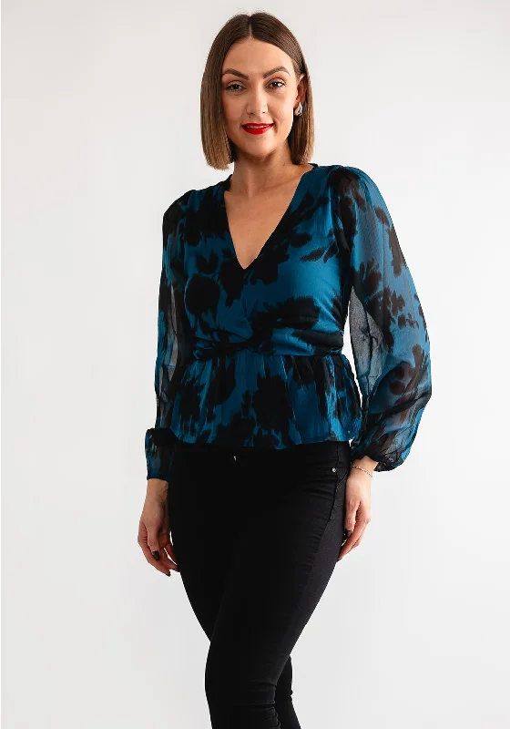 Tiffosi Amor Floral Blouse, Teal Blue Collared Satin Blouse