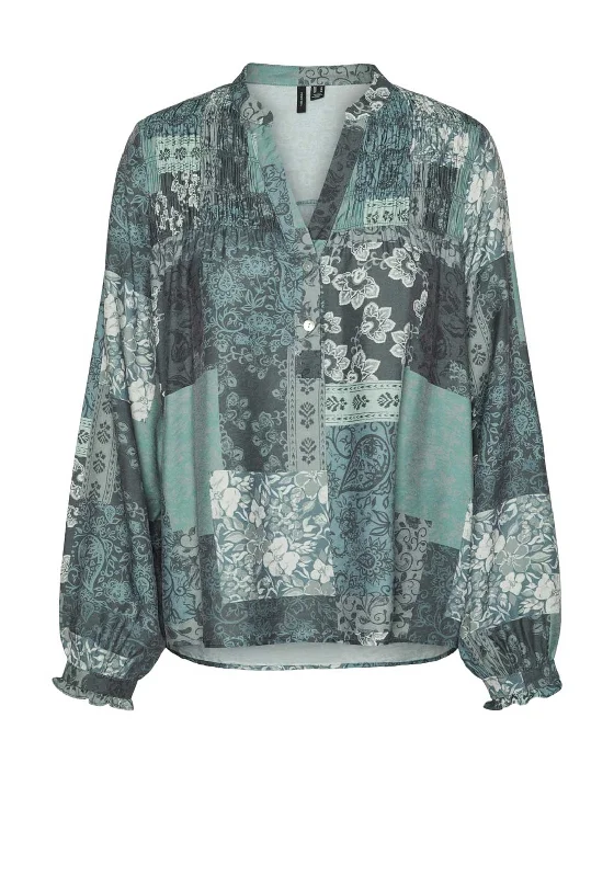 Vero Moda Natja Patchwork Blouse, Green Feminine Puff Blouse