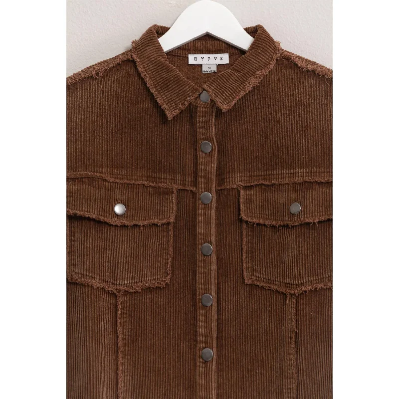 Washed Corduroy Frayed Shacket Embellished Collar Blouse