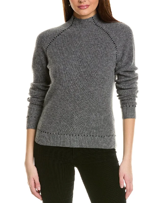 Amicale Cashmere Whipstitch Shaker Funnel Neck Cashmere Sweater Ribbed Striped Patterned Amicale Cashmere Whipstitch Shaker Funnel Neck Cashmere Sweater Ribbed Striped Patterned