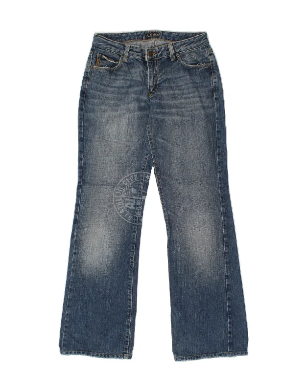 ARMANI Womens Graphic Bootcut Jeans W27 L30 Navy Blue Cotton Fashionable Raw Edge Jeans