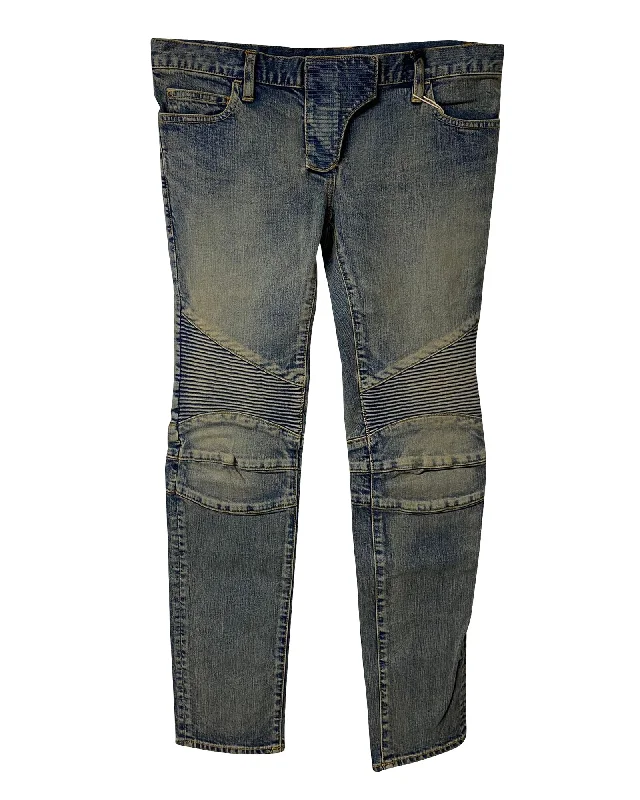 Balmain Washed Biker Jeans in Khaki Cotton Chic Cropped Jeans