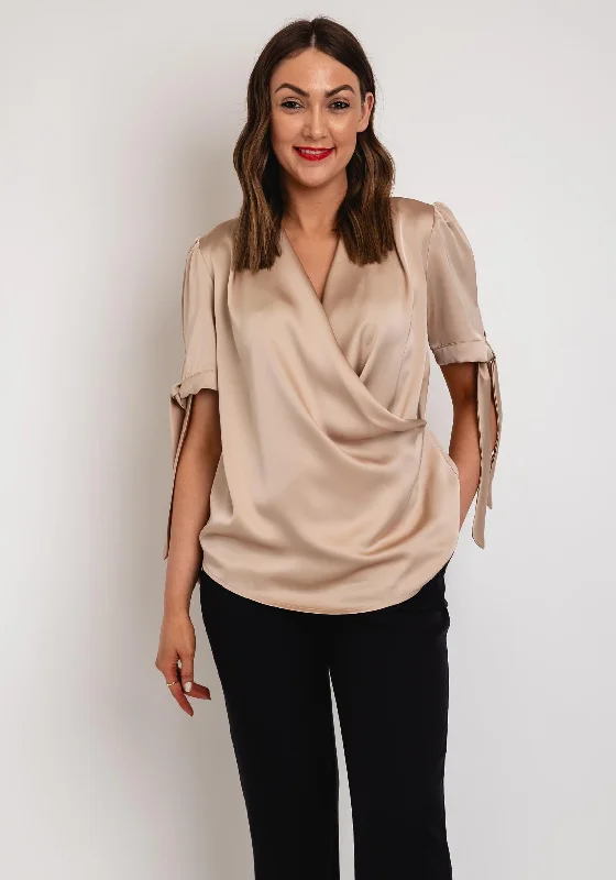 Camelot Draped Neckline Tie Sleeve Blouse, Beige