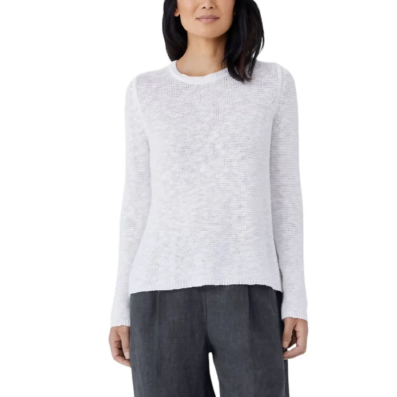 Crew Neck Cotton Sweater In White Fitted Slim Tailored