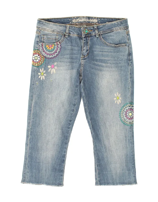 DESIGUAL Womens Graphic Capri Jeans W30 L19 Blue Floral Cotton Comfortable Jogger Style Jeans DESIGUAL Womens Graphic Capri Jeans W30 L19 Blue Floral Cotton Comfortable Jogger Style Jeans