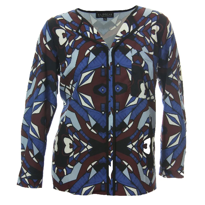 Eloquii Multi Color Print Long Sleeve Split Neck Blouse Embroidered Cotton Blouse