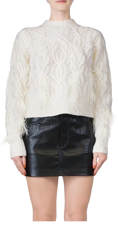 Feather Embellished Cable Sweater In Cream Jersey Fabric Tulle Fabric Batik Fabric