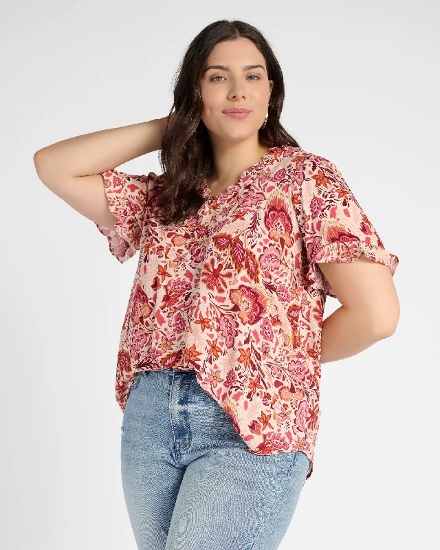 Plus Size Floral Woven Ruffle Sleeve Blouse Soft Modal Blouse