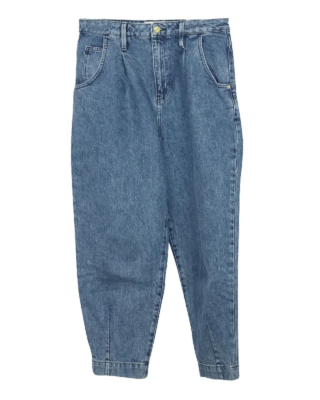 Frame Pleated Barrel Leg Jeans in Blue Cotton Denim Casual Wide-Legged Denim Jeans