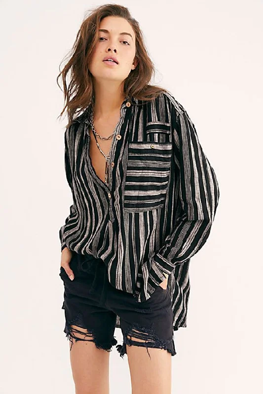 Free People Summer Breeze Stripe Pullover Blouse Ruched Sleeve Blouse