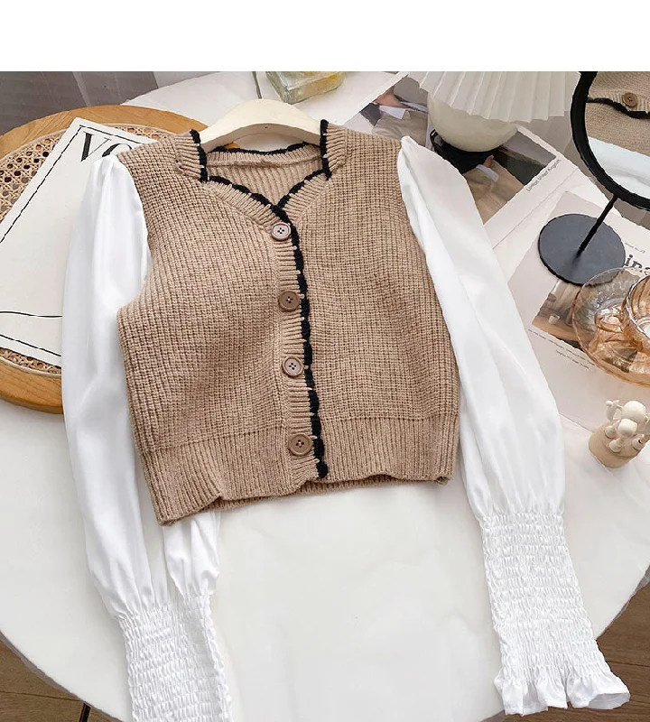 French small square neck stitched long sleeve fake two-piece blouse  6592 Delicate Bow Blouse