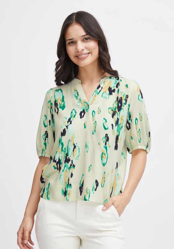 Fransa Merle Abstract Print Blouse, Brook Green