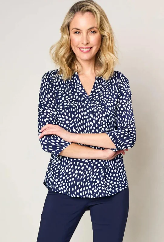 Natalia Collection Spot Print Three Quarter Sleeve Blouse, Navy & White