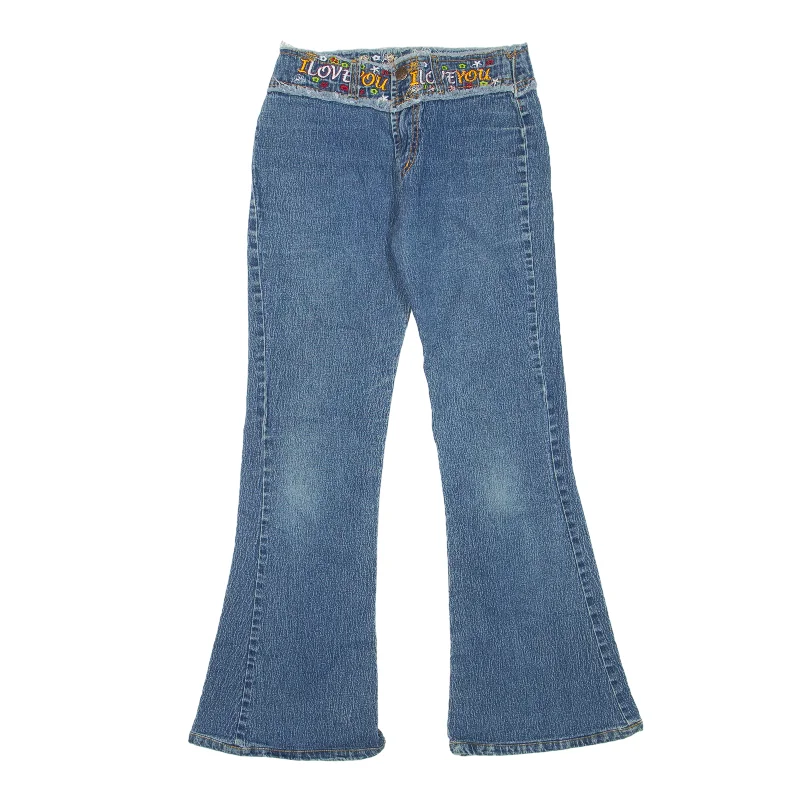 I LOVE YOU Low Rise Y2K Jeans Blue Denim Slim Flared Womens W24 L26 Chic Double Waistband Jeans I LOVE YOU Low Rise Y2K Jeans Blue Denim Slim Flared Womens W24 L26 Chic Double Waistband Jeans
