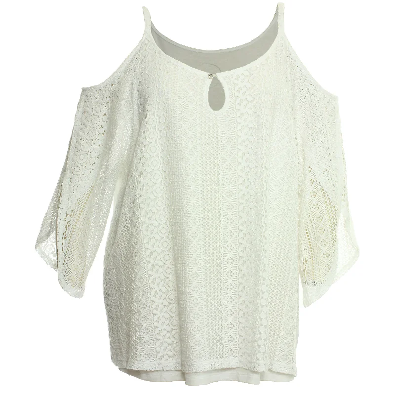 INC White Cold Shoulder Split Angel Wing Sleeve Lace Blouse Stretchy Fitted Blouse