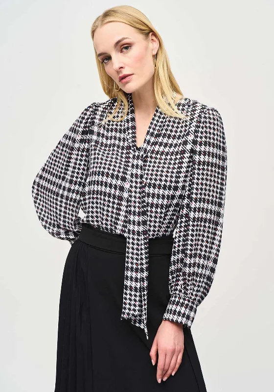 Joseph Ribkoff Plaid Tie Neck Blouse, Black & White Satin Long Blouse