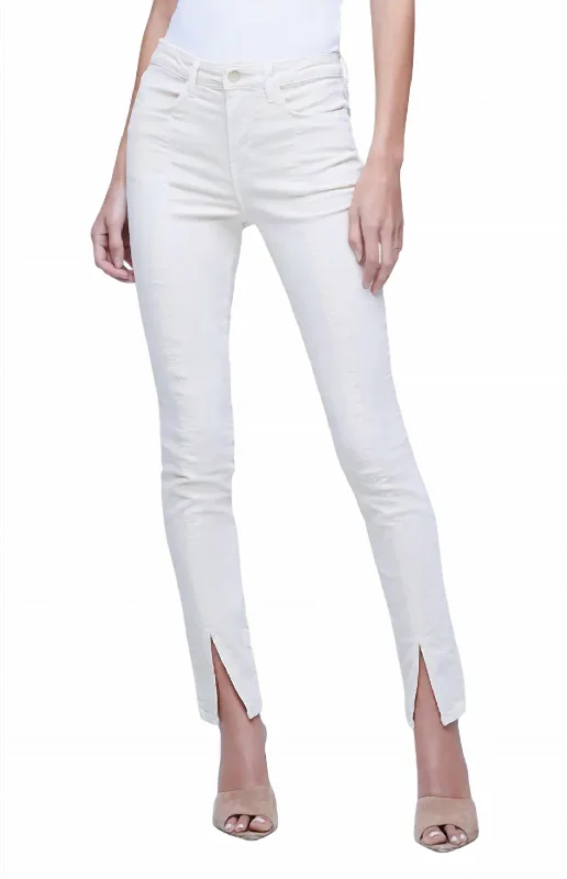 Jyothi Split Ankle Skinny Jeans In Champagne Comfortable Drawstring Waist Jeans