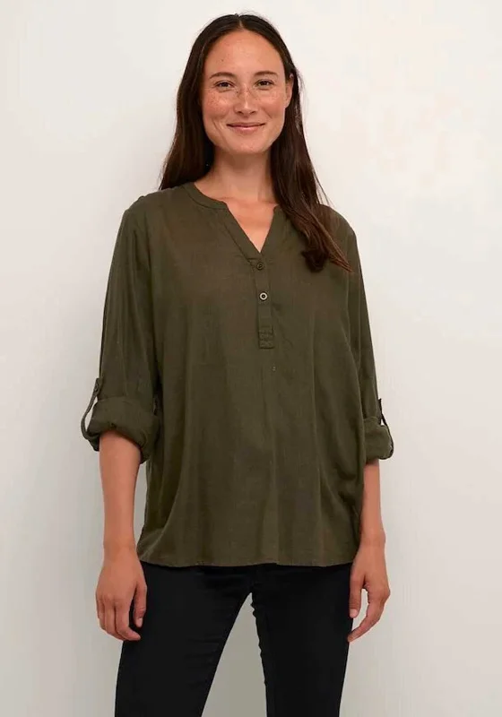 Kaffe Milia Linen Blend Blouse, Forest Night