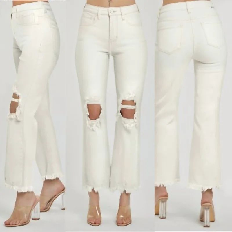 Knee Distressed Straight Leg Hi-Rise Jeans In Cream Fashionable Jeggings Style Jeans Knee Distressed Straight Leg Hi-Rise Jeans In Cream Fashionable Jeggings Style Jeans