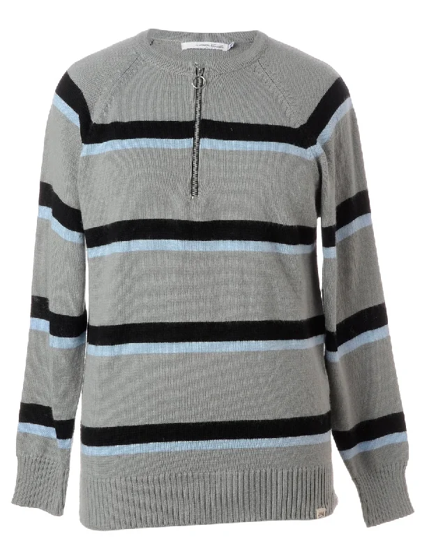 Label Grey Zip Front Knitted Jumper Mesh Sweater Canvas Denim
