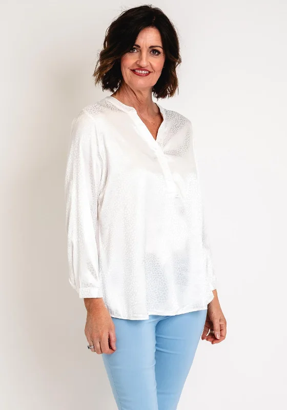 Serafina Collection Curve Animal Print Satin Blouse, White Feminine Pastel Blouse