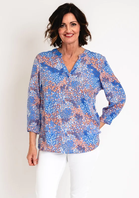 Serafina Collection Curve Ditsy Flower Print Blouse, Blue Elegant Silk Blouse