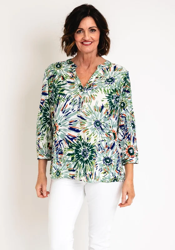Serafina Collection Curve Graphic Flower Print Blouse, Green Feminine Satin Blouse