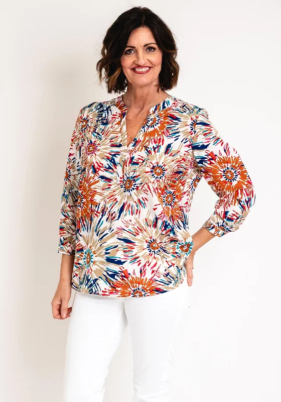 Serafina Collection Curve Ditsy Flower Print Blouse, Rust Elegant Semi-Sheer Blouse