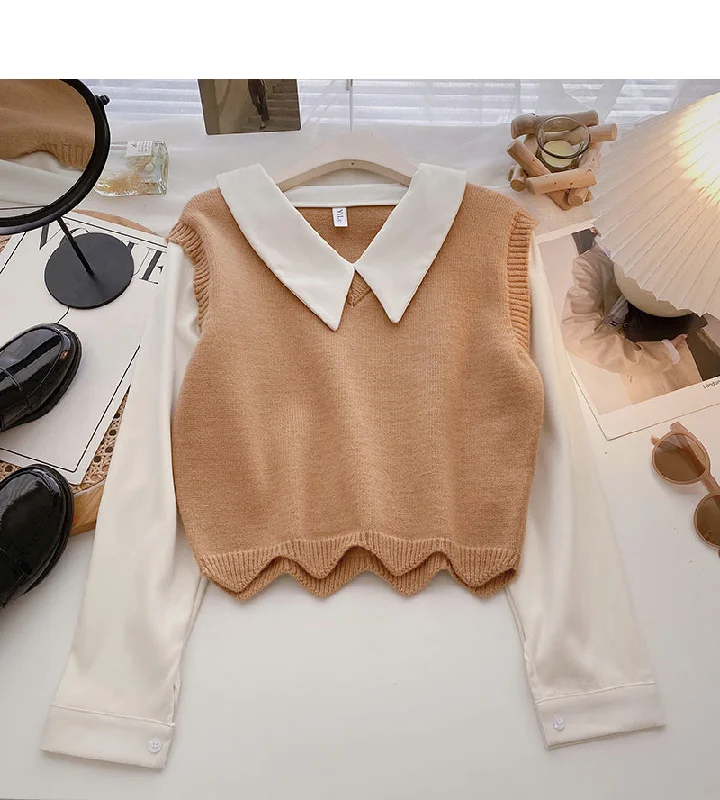 Long sleeve stitching design sense sweater gentle blouse  6499 Satin Bow Blouse