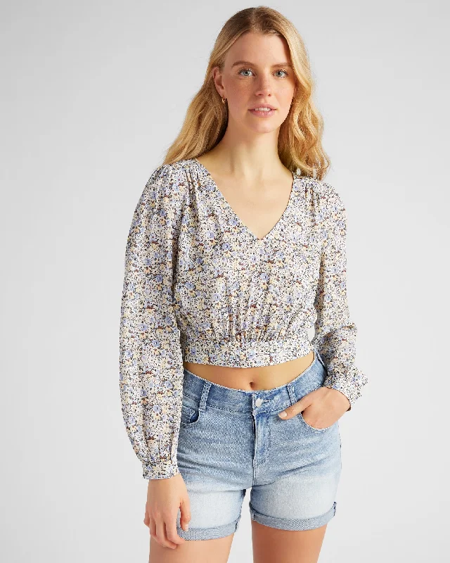 Floral Print Button Back Crop Blouse Gathered Detail Blouse