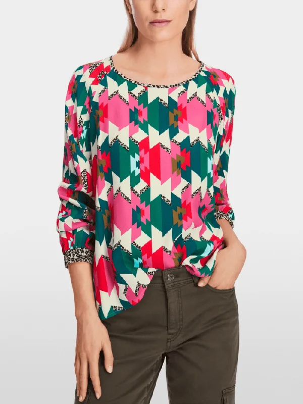 Marc Cain Sports Patterned Raglan Blouse XS 51.09 W18 Col 244 Sheer Sleeve Blouse