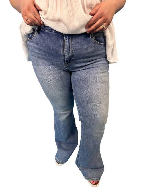 Mid Rise Basic Flare Jeans In Medium Wash Comfortable Drawstring Waist Jeans