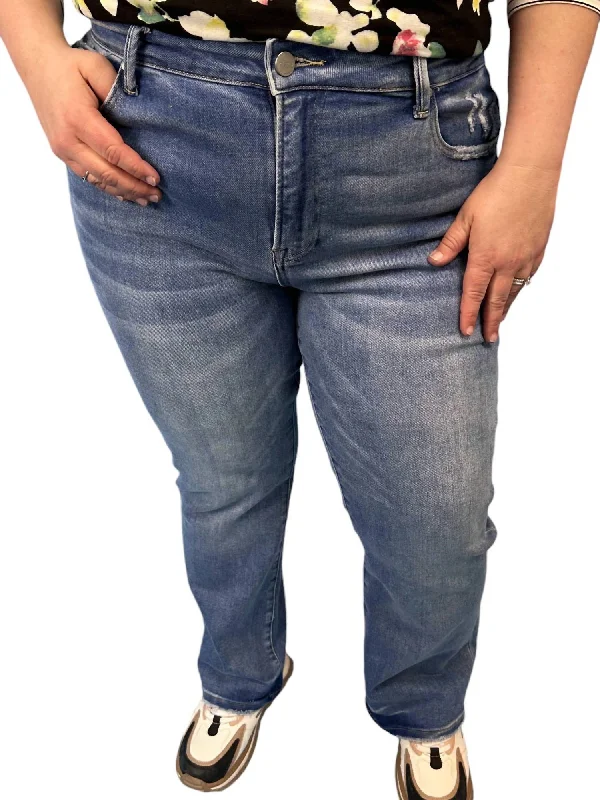 Mid Rise Straight Jeans In Medium Wash Chic Rolled Cuff Denim Jeans