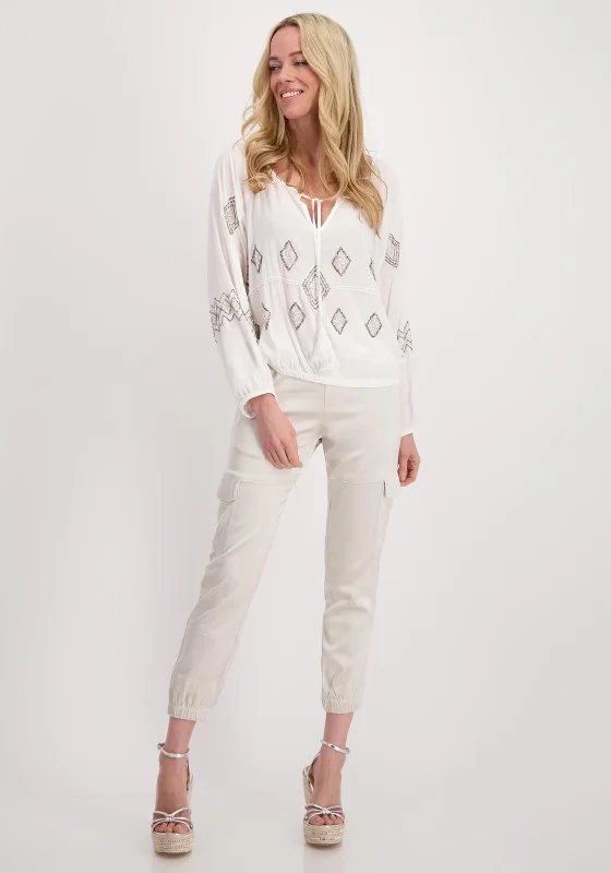 Monari Embroidered Boho Blouse, Off White Embroidered Floral Blouse