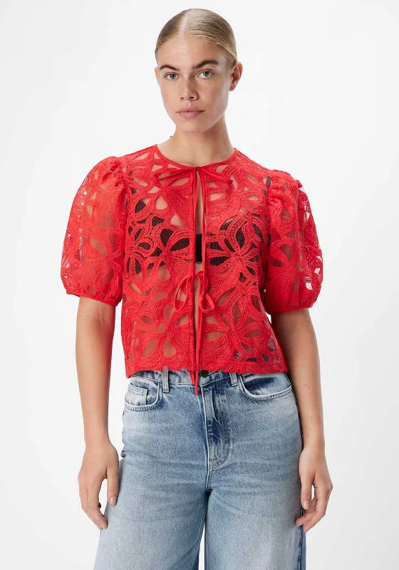 Object Rose Floral Crochet Cropped Blouse, Red Puff Sleeve Blouse