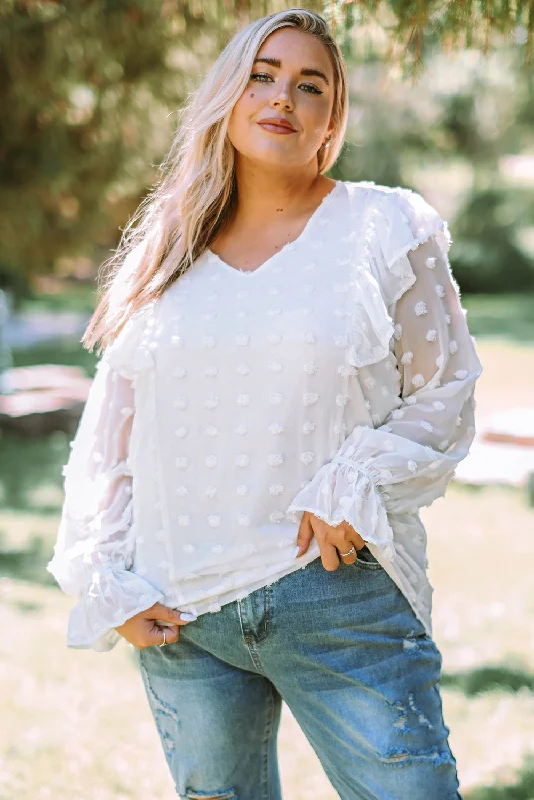Plus Size Swiss Dot Ruffled Blouse Feminine Satin Blouse