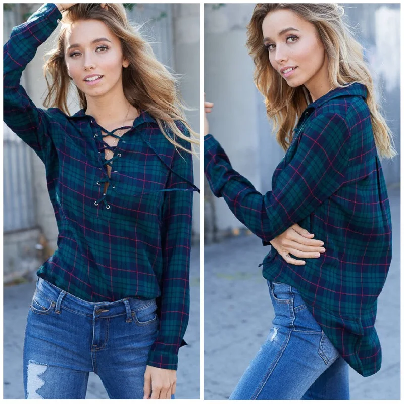 Olive Green Navy Lace Up Plaid Long Sleeve Blouse Top Tunic Hi Low Womens Soft Modal Blouse Olive Green Navy Lace Up Plaid Long Sleeve Blouse Top Tunic Hi Low Womens Soft Modal Blouse
