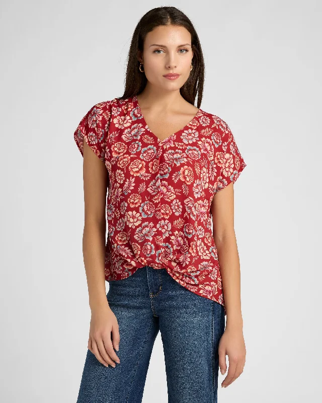 Printed Short Sleeve Twist Front Blouse