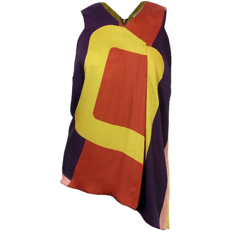 Rachel Roy Color Block Sleeveless Asymmetric Hem V-Neck Blouse Cotton Casual Blouse