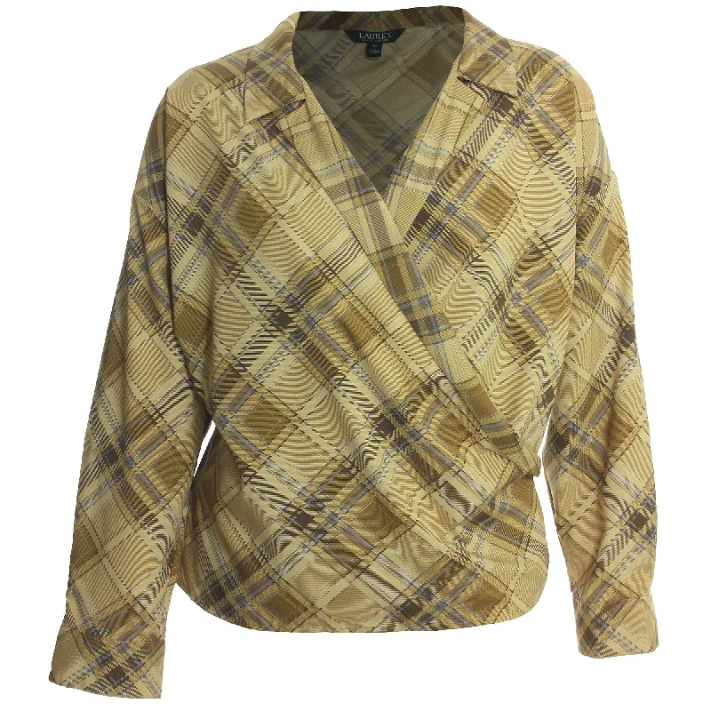Ralph Lauren Multi Color Plaid Long Sleeve Wrap Blouse Classic White Blouse